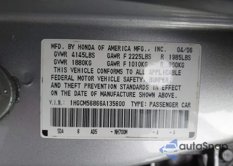 2006 Honda Accord 2.4 Ex from USA, damaged, VIN 1HGCM56866A135600